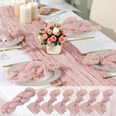 Imagem de Conjunto de 7 peças de caminho de mesa de gaze, corredor de mesa de pano de queijo de gaze rústica de 3 m e 6 gaze de algodão boho (53 cm x 53 cm) para decoração de mesa transparente para decoração de