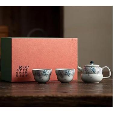 Imagem de Conjunto de chá da tarde 1 pote 2 xícaras conjunto de cerimônia de chá serviços de chá decoração caixa de presente pintada à mão conjunto de chá de flor de glicínia conjunto completo conjunto de chá