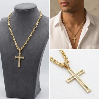 Imagem de Corrente cadeado 8mm + pingente crucifixo banhado a ouro 18k - Tojoia1