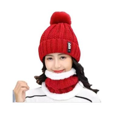Imagem de Conjunto De Gorro De Inverno Quente De Tricô Grosso De Pelúcia À Prova