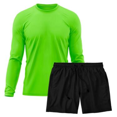 Imagem de Kit Short Praia Academia Passeio Treino Preto + Manga Longa Masculina Segunda Pele Dry-Masculino