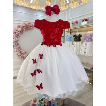 Imagem de Vestido Infantil Luxo Vermelho Bordado com Borboletas para Festa - no-