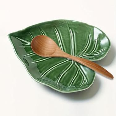 Imagem de Descanso de colher de cerâmica para fogão - bonito descanso de colher/suporte de colher em forma de folha verde para cozinhar e espátulas, organizador de bancada de cozinha durável (verde)