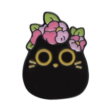 Imagem de Broche De Esmalte Gato Preto Desenho Animado Olhos Grandes Gatinho Ani