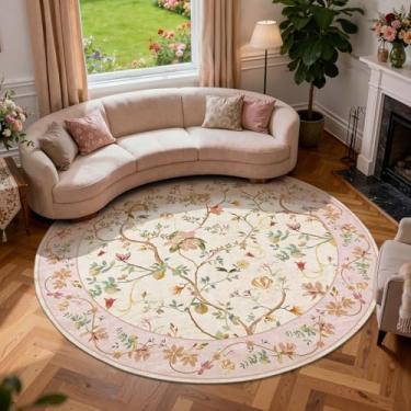Imagem de jinchan Floraison Tapete circular de 2,3 m, floral, lavável, antiderrapante, interior, netural, flor, grande, tapete redondo, macio, para sala de estar, quarto, sala de jantar, rosa