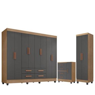 Imagem de Guarda Roupa Casal Porto com Cômoda Lite 4 Gavetas 01 Porta e Armário Multiuso Lite Nature Cinza - Móveis Leão