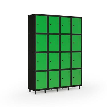 Imagem de Armário Roupeiro Locker Guarda-volume de Aço 16 Portas Pequenas com Fecho para Cadeado Vestiário Verde/Preto