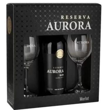 Imagem de Kit Presente Vinho Tinto Seco Aurora Merlot com 2 Taças