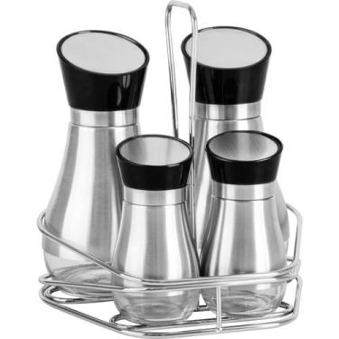 Imagem de Conjunto Galheteiro Tramontina Vidro e Aço Inox Realce 4 Pç, Preto e I