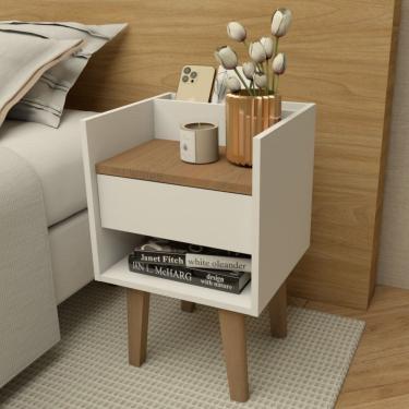 Imagem de Mesinha de Cabeceira Retrô Luxo Compacta Quarto Branco/Freijó