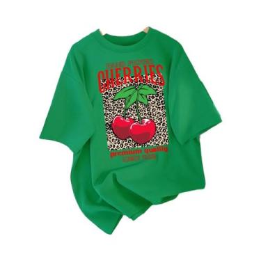 Imagem de Camiseta Feminina De Algodão Com Gola Redonda Estampa De Cerejas Selec