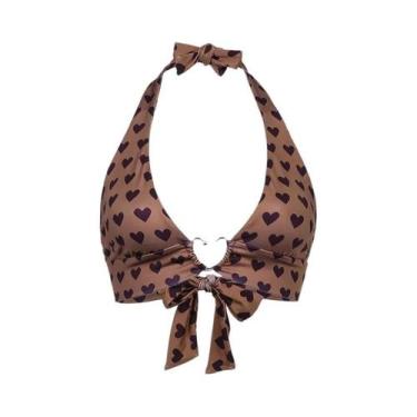 Imagem de Top Cropped Bustiê Feminino Com Estampa De Coração Rosa, Sem Mangas, C