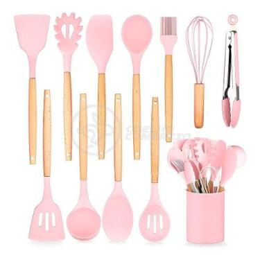 Imagem de Kit 12 Peças Utensílios De Cozinha De Silicone E Cabo De Madeira Resis