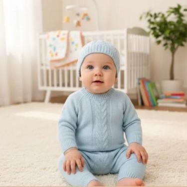 Imagem de Macacão Tricô Bebê com Touca  Menino e Menina Carinhoso, GG, Azul