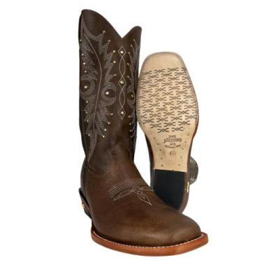 Imagem de Bota Texana Feminina Jácomo Bico Quadrado Couro Fóssil Bufalino Saar S
