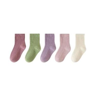 Imagem de Meias De Algodão Em Cores Sólidas Para Crianças, Pacote Com 5 Pares, C