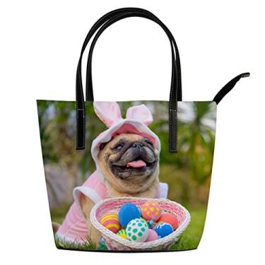 Imagem de ColourLife Bolsas de couro tote cão Pug usando fantasia de coelho alça de ombro presentes para mulheres meninas escola viagem mochila mochila