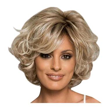 Imagem de CareUrButi Perucas femininas curtas onduladas cacheadas loiras curtas para mulheres cabelo sintético macio em camadas peruca completa com franja, ouro, tamanho único