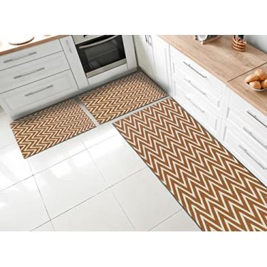 Imagem de Kit Jogo de Cozinha 3 Peças Tapete + Passadeiras Chevron Caramelho/Cru Antiderrapante