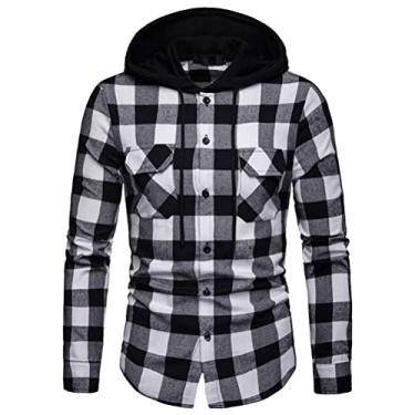 Imagem de JMKEY Camiseta masculina com botão para baixo, casual, capuz, xadrez, cordão, manga longa, bolso, jaqueta, camisa polo