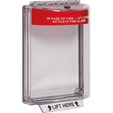 Imagem de Tampa universal STI-13010FR da Safety Technology International, Inc. com suporte nivelado e etiqueta de fogo, capa protetora de policarbonato para estações de puxar ou pontos de chamada