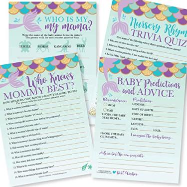 Imagem de 50 jogos de chá de bebê de sereia para meninas – 4 jogos dupla face, Who Knows Mommy Melhor jogo de chá de bebê, jogo de nome de animal de bebê, rima de berçário, chá de bebê de previsão e cartões de conselho