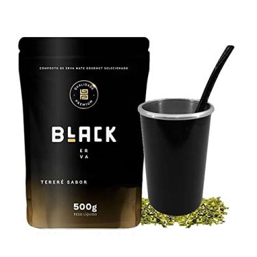 Imagem de Kit Tereré Copo Cuia E Bomba Coloridas Preto + Erva Black 500g Sabor Menta Black