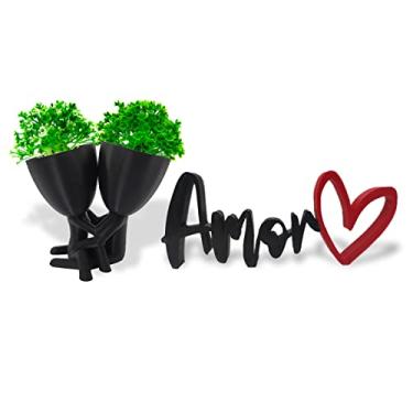 Imagem de Vaso Casal E Palavra AMOR 3D, Kit para Decoração Sala Quarto com Plantas Pick Artificiais (Preto)