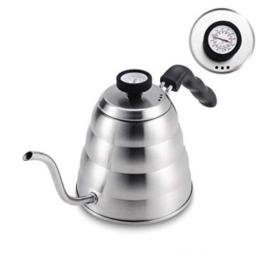 Imagem de Chaleira de aço inoxidável com termômetro, bico fino de pescoço de ganso para servir sobre a cafeteira de café, funciona em fogão, 1,13 g/1,25 l