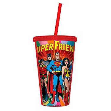Imagem de Copo DC Comics Super Friends Colorido - 500 ml - com Tampa e Canudo em Polipropileno - Urban - 24,5x11 cm