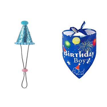 Imagem de SEIS Conjunto de 2 peças ajustável de chapéu de aniversário e bandana para animais de estimação, suprimentos para festa de cachorro, menina, menino, feliz aniversário, cachecol para cães pequenos, médios e grandes (azul)