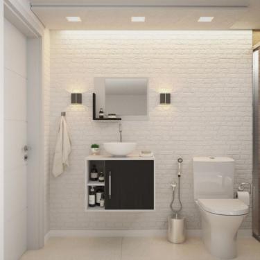Imagem de Conjunto para Banheiro Gabinete com Cuba Redonda R30 e Espelheira Soft 600  Branco com Preto Ônix