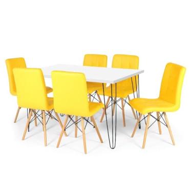 Imagem de Conjunto Mesa de Jantar Hairpin 130x80 Branca com 6 Cadeiras Eiffel Gomos - Amarelo