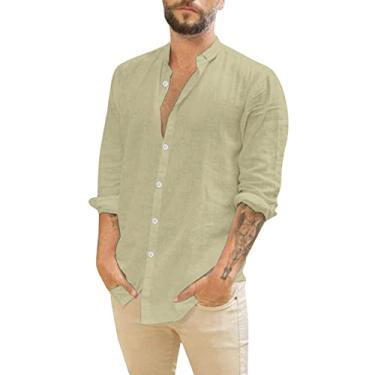 Imagem de Camiseta masculina botão baixo algodão linho férias tropical camisas praia Havaí camisas masculinas camisas masculinas camisa solta, Bege, XG