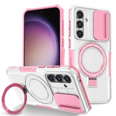 Imagem de YOUULAR Capa magnética para celular com janela deslizante para Samsung Galaxy S23 FE, [suporte de telefone] Capa protetora fosca à prova de choque para celular S23 FE capas militares rosa e branco