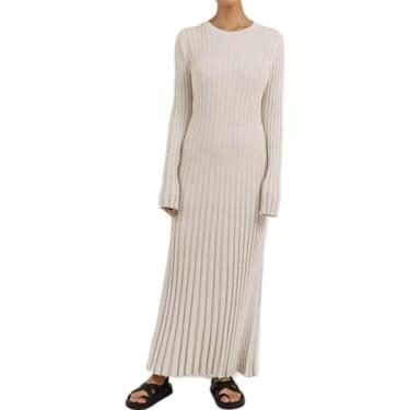 Imagem de Vestido suéter de manga comprida para mulheres gola redonda maxi vestido de suéter de cor pura com nervuras vestido midi de malha transpassada, A-damasco, P