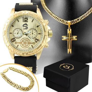 Imagem de Relogio masculino banhado ouro + pulseira + cordão casual