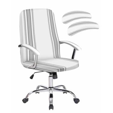 Imagem de Savannan Capa para cadeira de escritório, listras verticais cinza, branca, ajuste elástico, capa para cadeira de computador, capa removível para cadeira de escritório, 1 peça, média com capa de braço