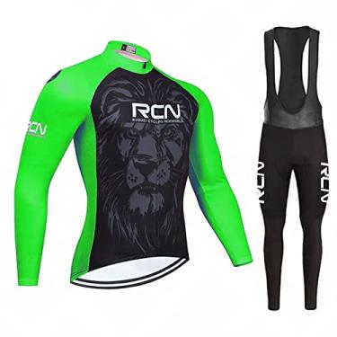 Imagem de Camisa masculina de ciclismo de inverno à prova de vento manga comprida + 3D acolchoada babador calça térmica de lã MTB terno de bicicleta quente, verde, PP (160 cm/53 kg)