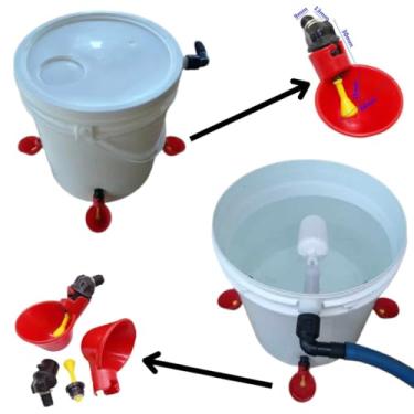 Imagem de Kit Com 2 Reservatórios De Água Pet Com Boia Mais 4 Bebedouros Automáticos Tipo Copinho Para Aves