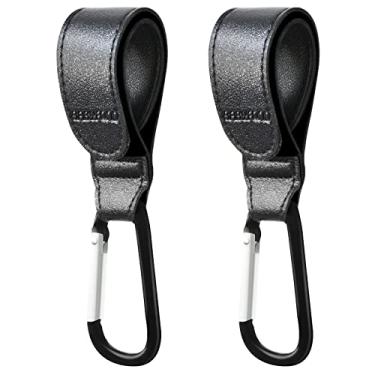 Imagem de Ganchos de carrinho de bebê para pendurar, 2 peças de tiras de couro durável, ganchos de carrinho de bebê para bolsas de fraldas, sacolas de compras de supermercado, gancho para mamãe (preto)
