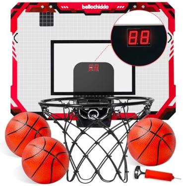 Imagem de BELLOCHIDDO Cesta de basquete interna para crianças e adultos – Mini cesta de basquete com placar eletrônico e 3 bolas, cesta de basquete interna para parede, quarto e escritório