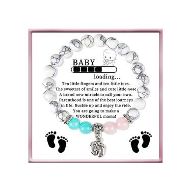 Imagem de Presentes New Mom Pulseiras de pedra natural Mommy to Be Pegada Pulseira elástica com contas First Time Moms com cartão de presente de mensagem, Liga de aço, Sem pedras preciosas