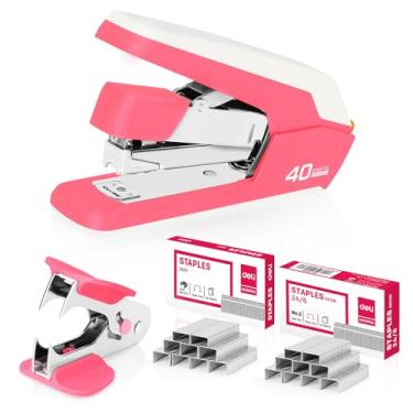 Imagem de Deli Grampeador de mesa sem esforço, grampeador resistente, capacidade de 40 a 50 folhas, um dedo, sem esforço, inclui grampos e removedor de grampo, rosa