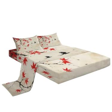 Imagem de Eojctoy Jogo de lençol Queen com 4 peças de folhas de bordo vermelho - 1 lençol com elástico, 1 lençol de cima, 2 fronhas - qualidade de hotel - super macio e respirável - jogo de lençol para quarto
