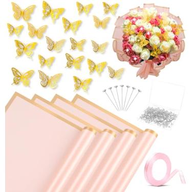 Imagem de ROADPLUM 20 folhas de papel de embrulho de flores, kit de buquê de papel de embrulho floral rosa com 100 peças de alfinetes de buquê de diamante, 60 peças de borboletas douradas 3D, 1 rolo de fita