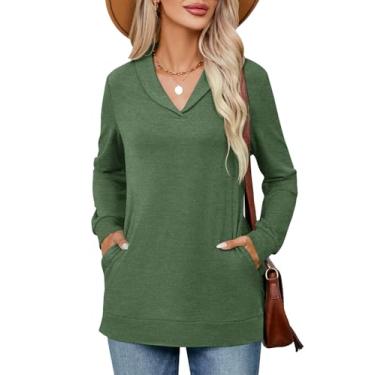 Imagem de KTILG Túnica feminina de algodão com gola V para legging com bolsos, manga comprida, gola larga, camisas casuais macias com divisão lateral, Verde, GG