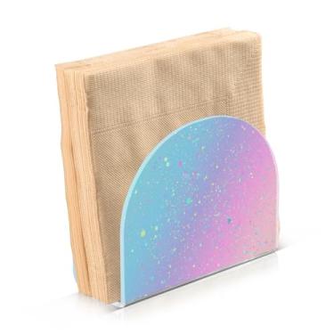 Imagem de Suporte de guardanapo para mesa, fundo de unicórnio com suporte de guardanapo de acrílico arco-íris para festa convidada dispensador de coquetel suporte de papel cozinha sala de jantar decorações