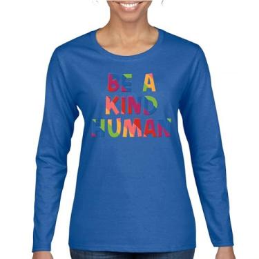 Imagem de Camiseta feminina manga longa Be a Kind Human Puff Print Mensagem positiva citação inspiradora motivação diversidade encorajadora, Azul, 3G