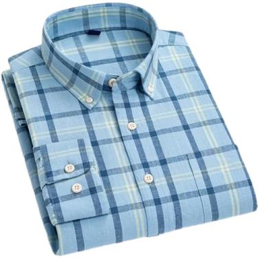 Imagem de Camisa masculina de algodão xadrez casual de linho com bolso único abotoada manga longa listrada, T0c1803, G